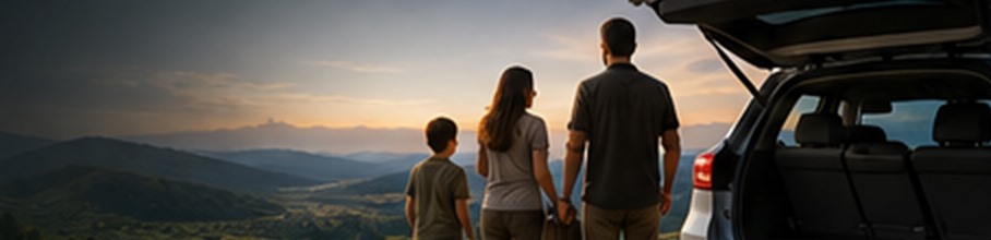 Family on a road trip with a rental car
